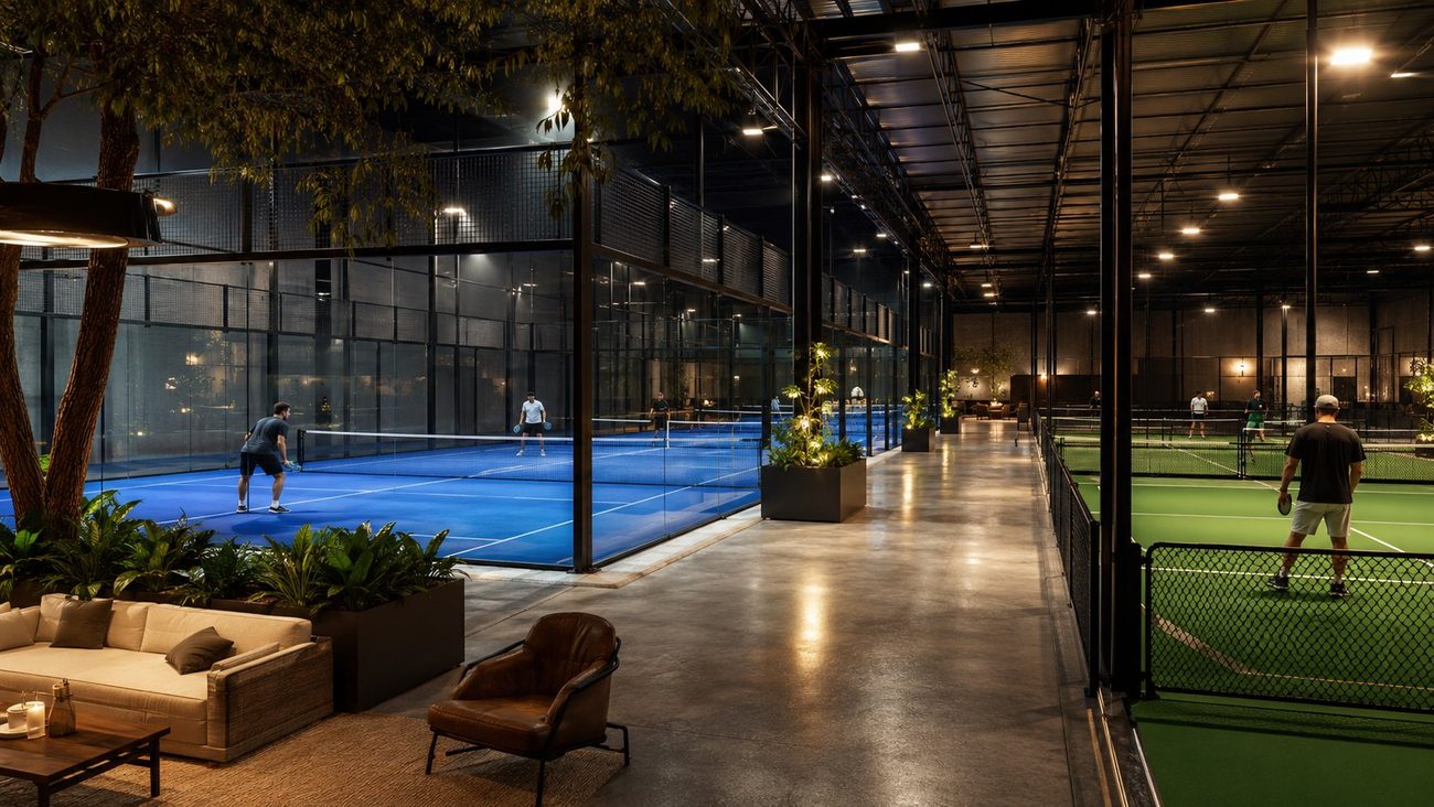 Indoor padel and pickleball courts beside a member lounge in the evening
