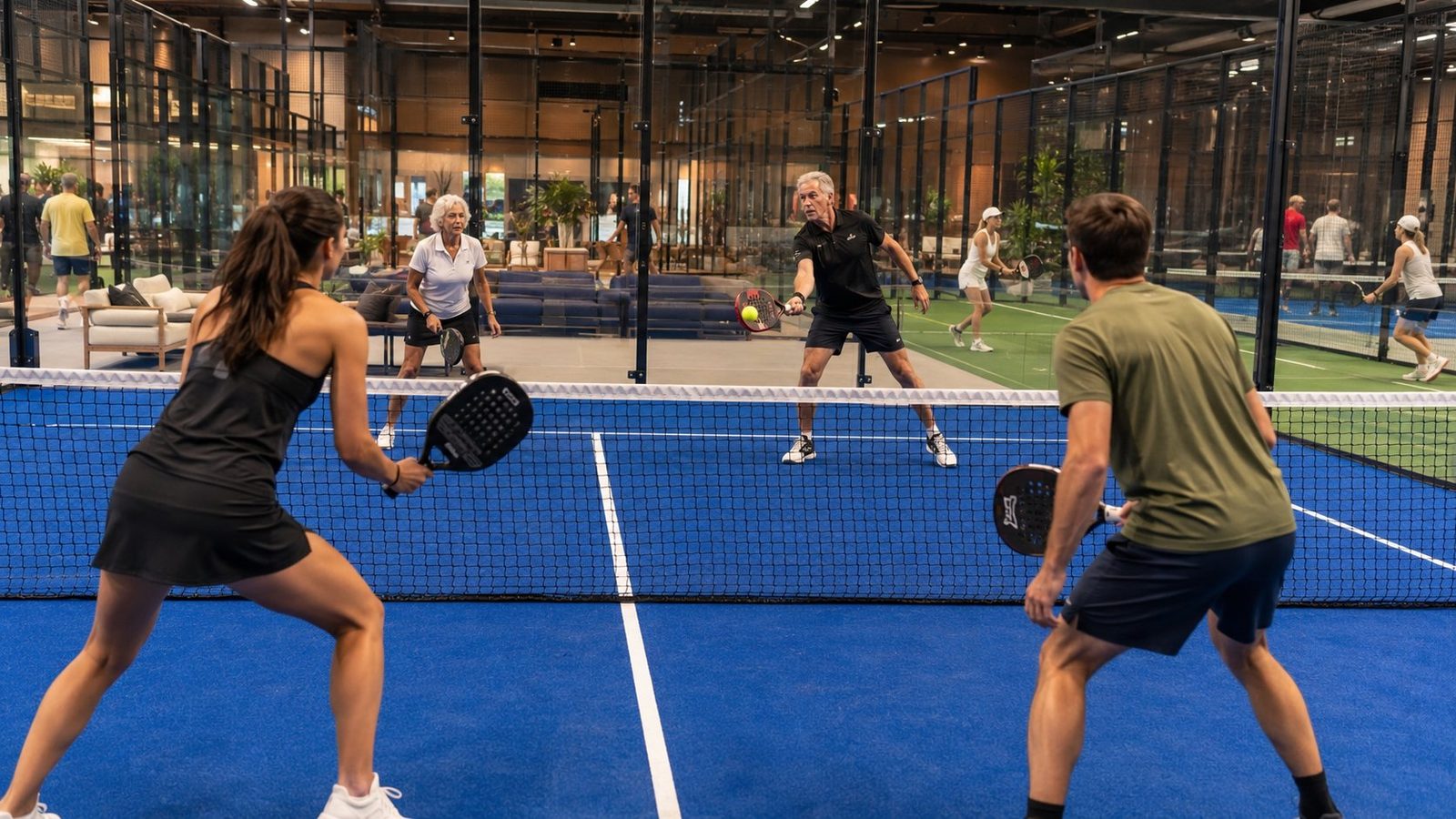 Players in a doubles match on an indoor court, club lounge behind